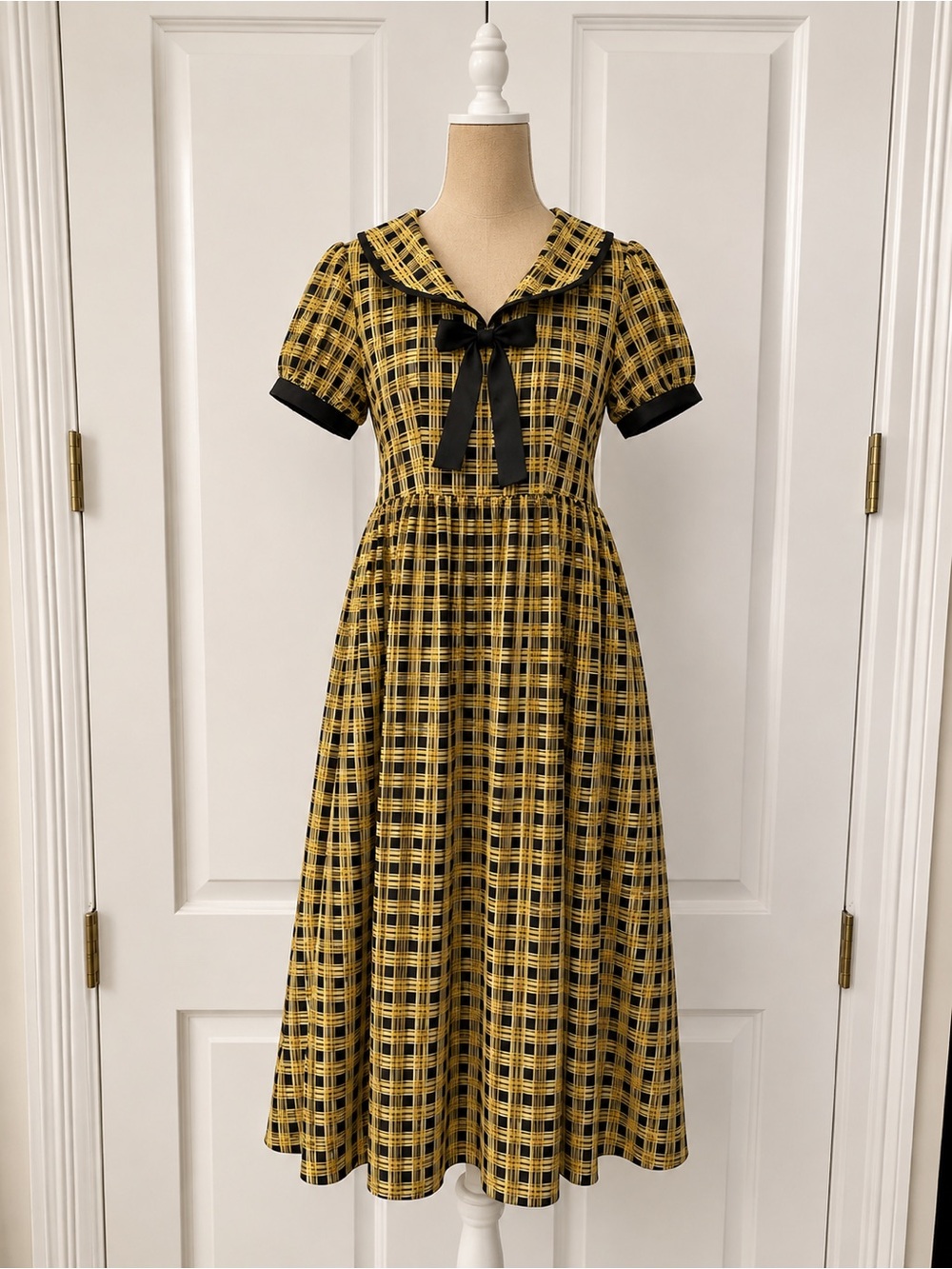 SHEIN Yellow & Black Plaid Sailor Collar Dress w/ Bow | Puff Sleeve | Size L